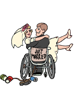 groom carries bride in wheelchair with tin cans animated gif