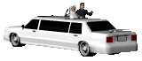 bride and groom wave through roof of white limousine animated gif