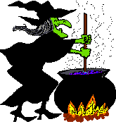 witch stirs cauldron over fire animated gif