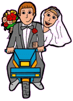 bride and groom on motor scooter animated gif