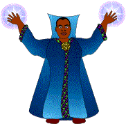 wizard in blue cloak casting a magic spell animated gif