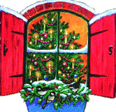 christmas tree inside window with red shutters animated gif