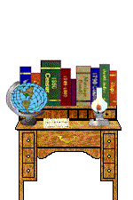 large desk with globe books and oil lamp animated gif
