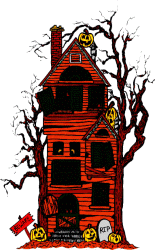haunted house with gravestone and pumpkins animated gif