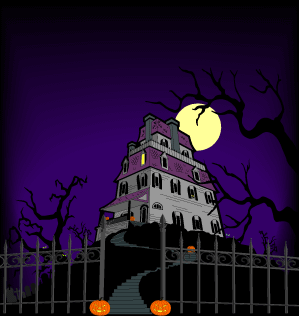 haunted house with moon and lightning animated gif