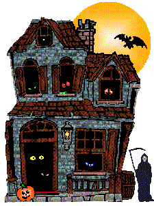 haunted house with eyes bat and grim reaper animated gif
