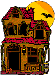 haunted house with moon and bat fluttering animated gif