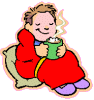 child snug with dressing gown cushion slippers and mug of steaming cocoa animated gif