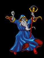 wizard with blue robe casts spell with wand animated gif