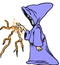 wizard with hooded robe casts lightning bolts from his fingers animated gif